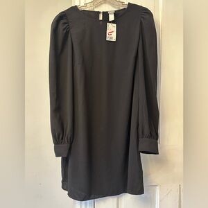 H&M Puff Long Sleeved Black Midi Dress Size L Knee length Party
